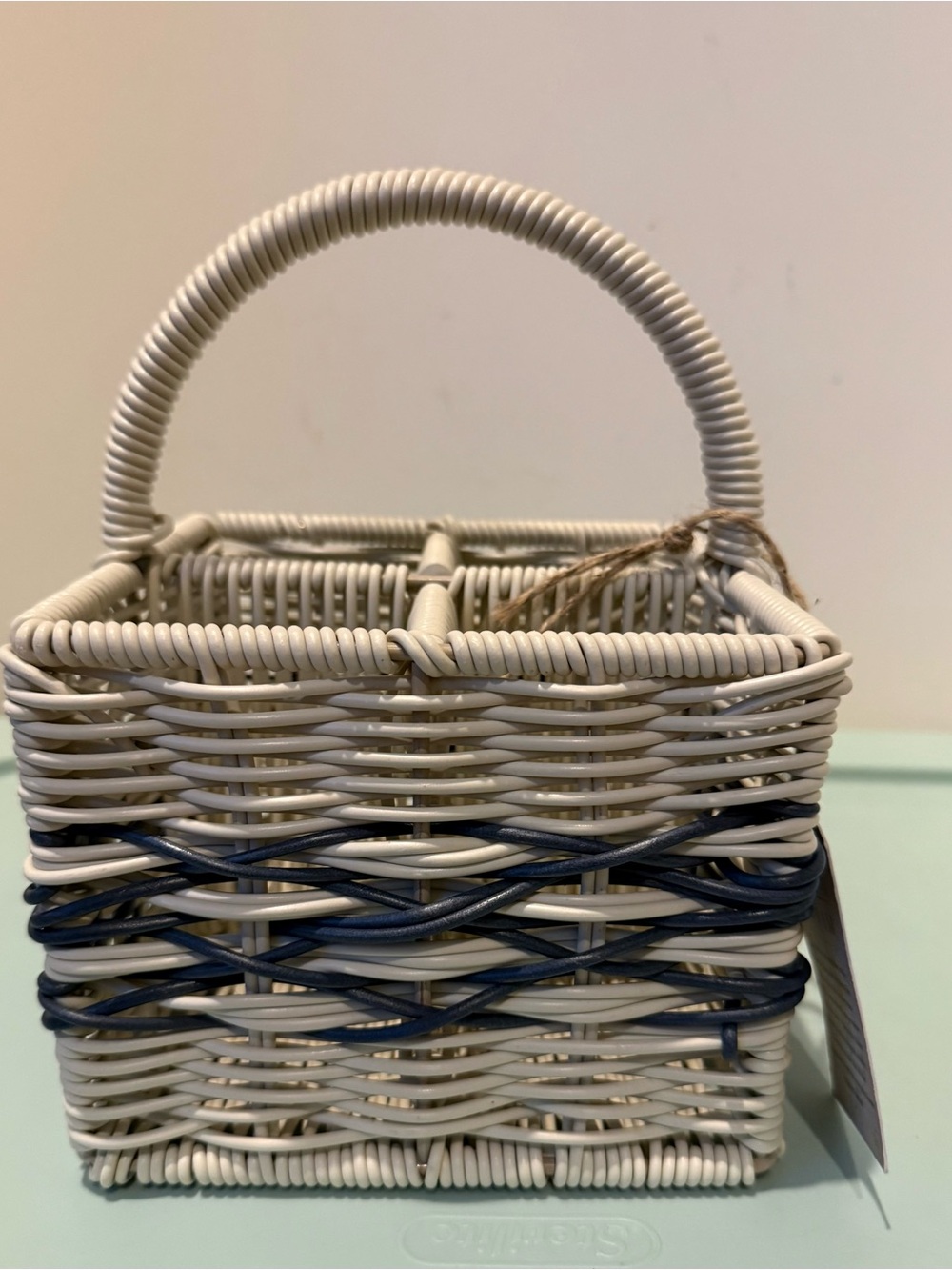 Hand Crafted Cream and Navy Wicker Silverware Basket- NWT